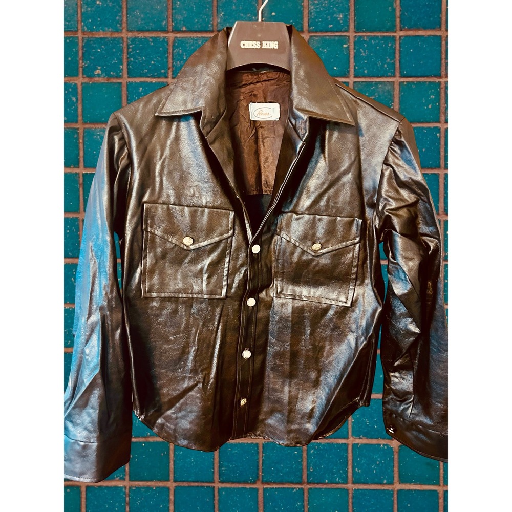 Russ Vintage Faux Leather Shacket Medium Brown Gold Crest Buttons